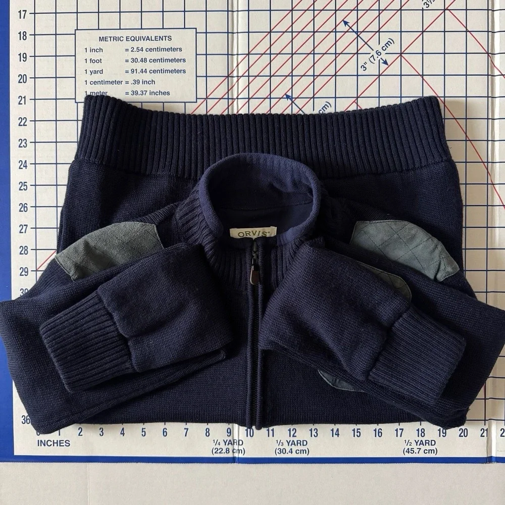 Orvis Mens 100% Wool Zip Up Jacket Suede Patches Medium Academia Blokecore Prep